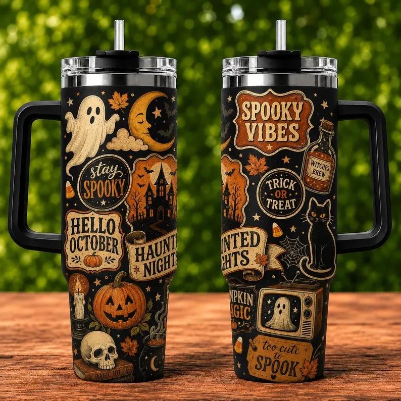 40oz Vintage Halloween Stainless Steel Insulated Flask - Industrial Flasks with Insulation, Leak-Proof, Handle, Straw, Lid, Haunted Print, Aesthetic Coffee Travel Cup, Spooky Kitchenware Gift