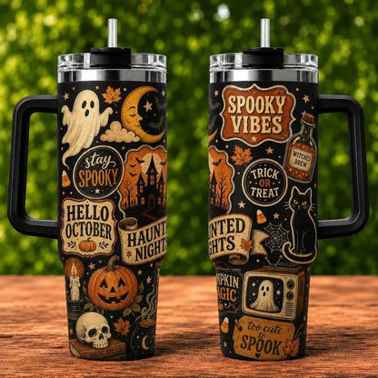 40oz Vintage Halloween Stainless Steel Insulated Flask - Industrial Flasks with Insulation, Leak-Proof, Handle, Straw, Lid, Haunted Print, Aesthetic Coffee Travel Cup, Spooky Kitchenware Gift